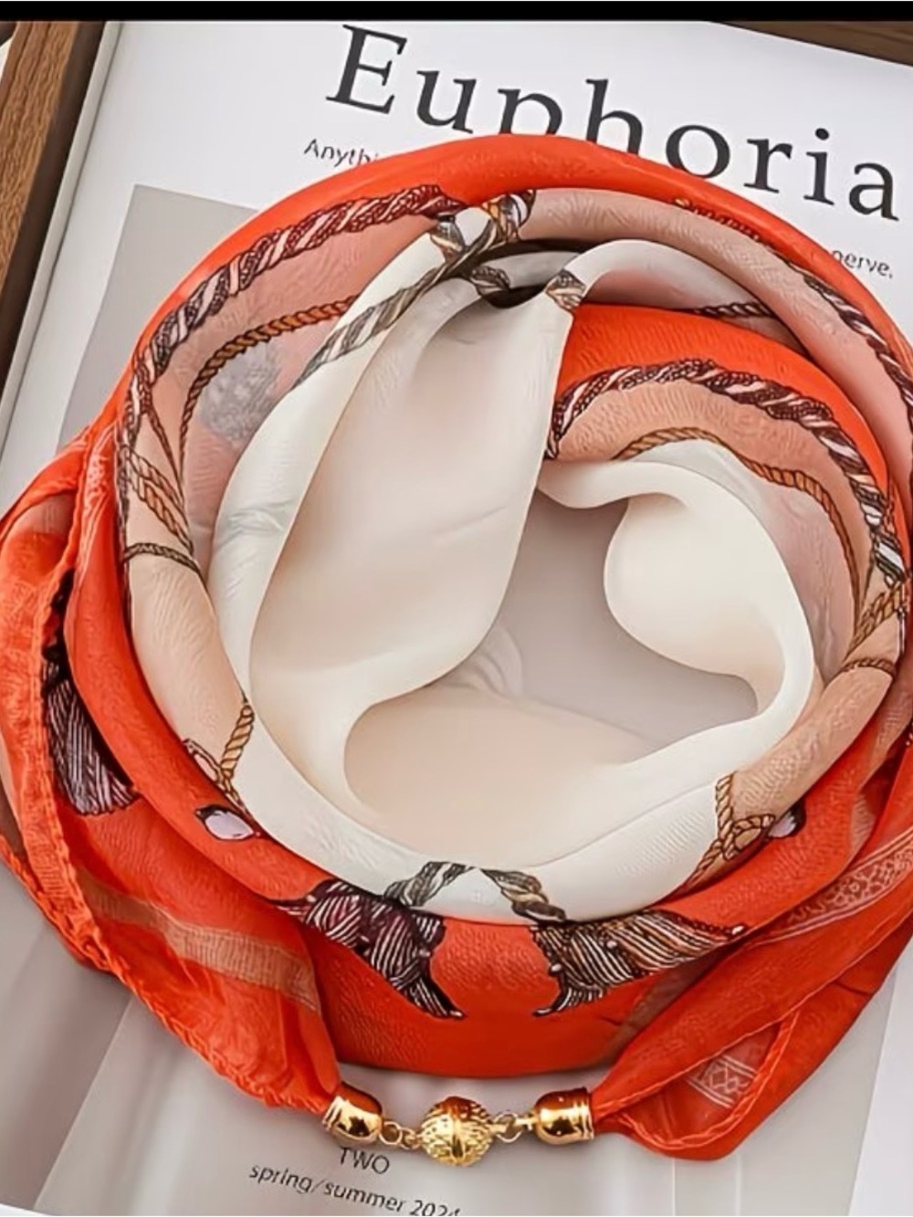 Elegant Two-Tone Orange and Cream Silk Scarf with Gold Accent